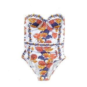 Tory Burch Floral Strapless Underwire One-Piece Swimsuit Orange Vine SP Small